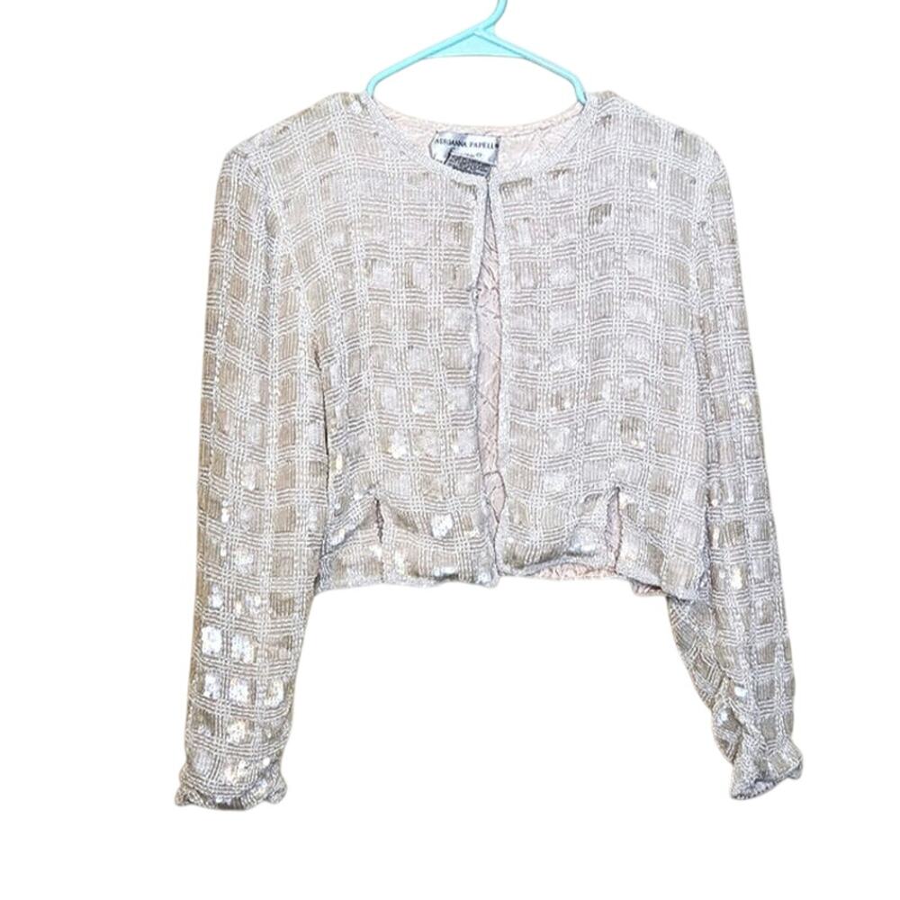 Adrianna Papell Size Medium M Sequin Silk Beaded Cropped Evening Top Cardigan